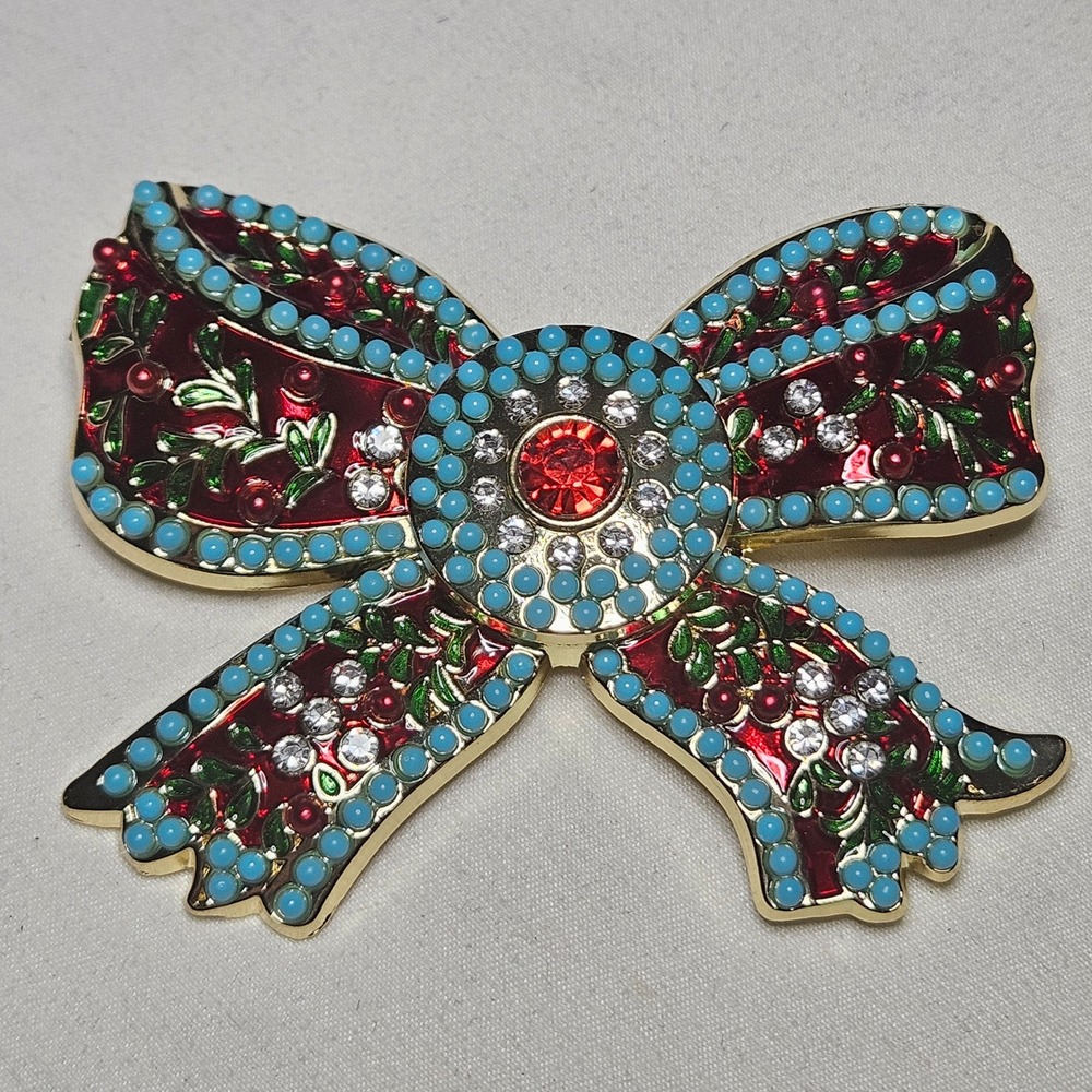 Bow Brooch Pin Womens OS Red Gold Turquoise Christmas Holiday Enamel